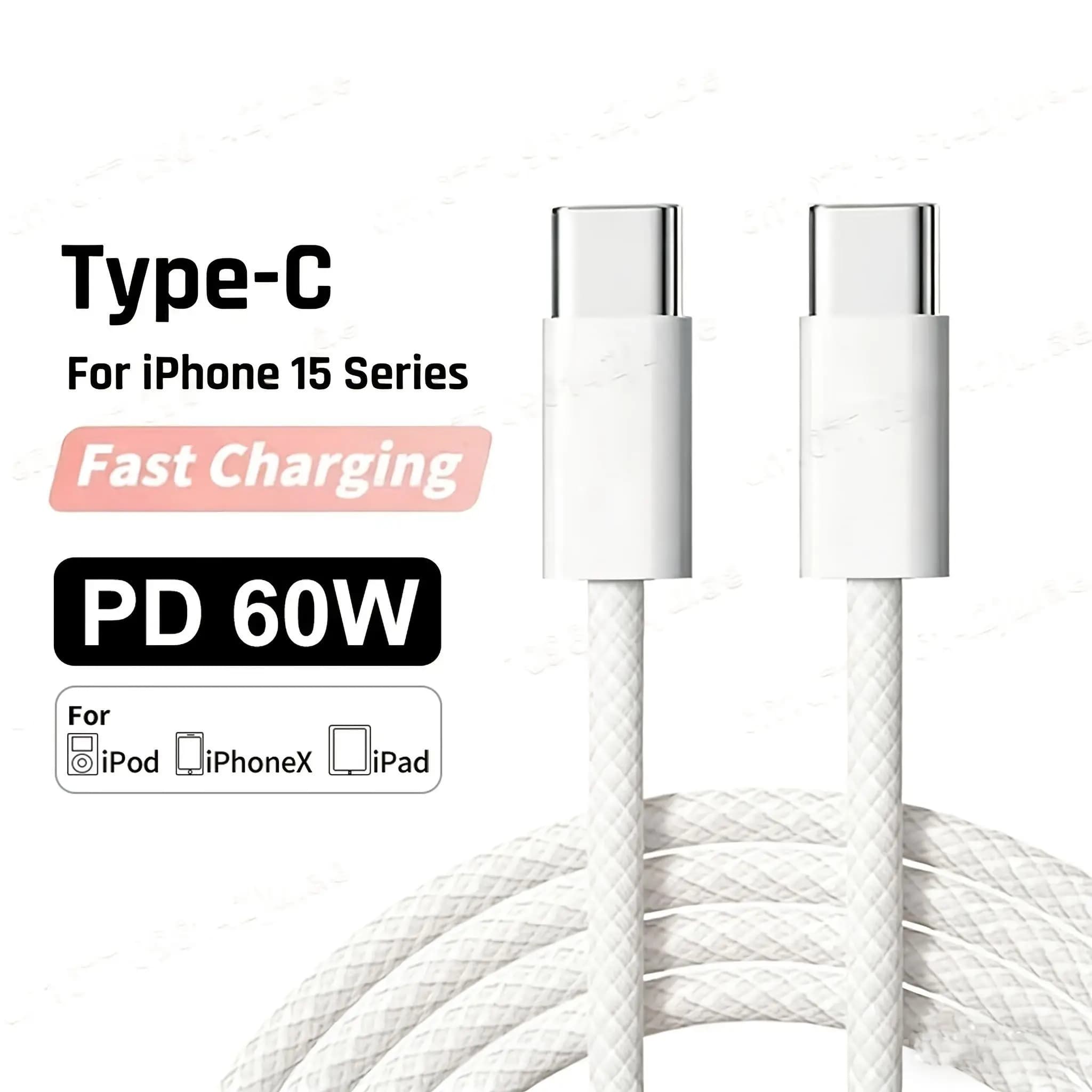 LAIHONEN 3A Original PD 60W USB-C to C Cable, Fast Charge Data, For IPhone15-17 Pro Max Samsung S24 Xiaomi White