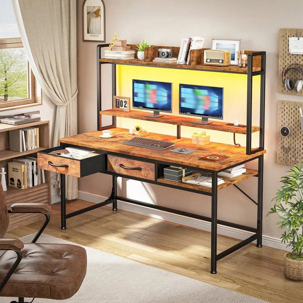 Scrivania da Gaming 39.4 con LED e Soppalco, Scrivania da Ufficio con Supporto Monitor e Presa di Corrente, Scrivania per Computer con Spazio Contenitivo per Home Office, Piccola