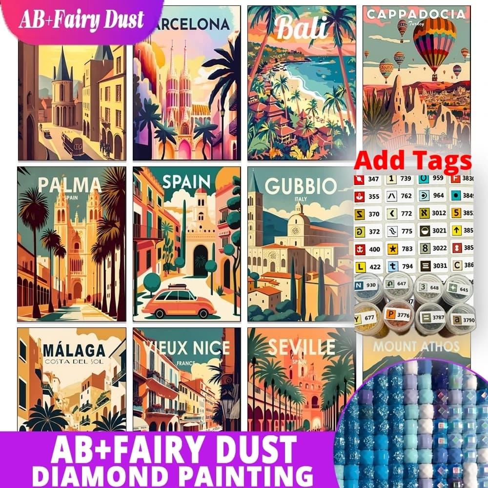 Kit Pittura Diamante AB Fairy Dust DMC, Mosaico Rotondo Completo Fai da Te, Tema Architettura Urbana e Paesaggi Stradali di Marocco e Spagna