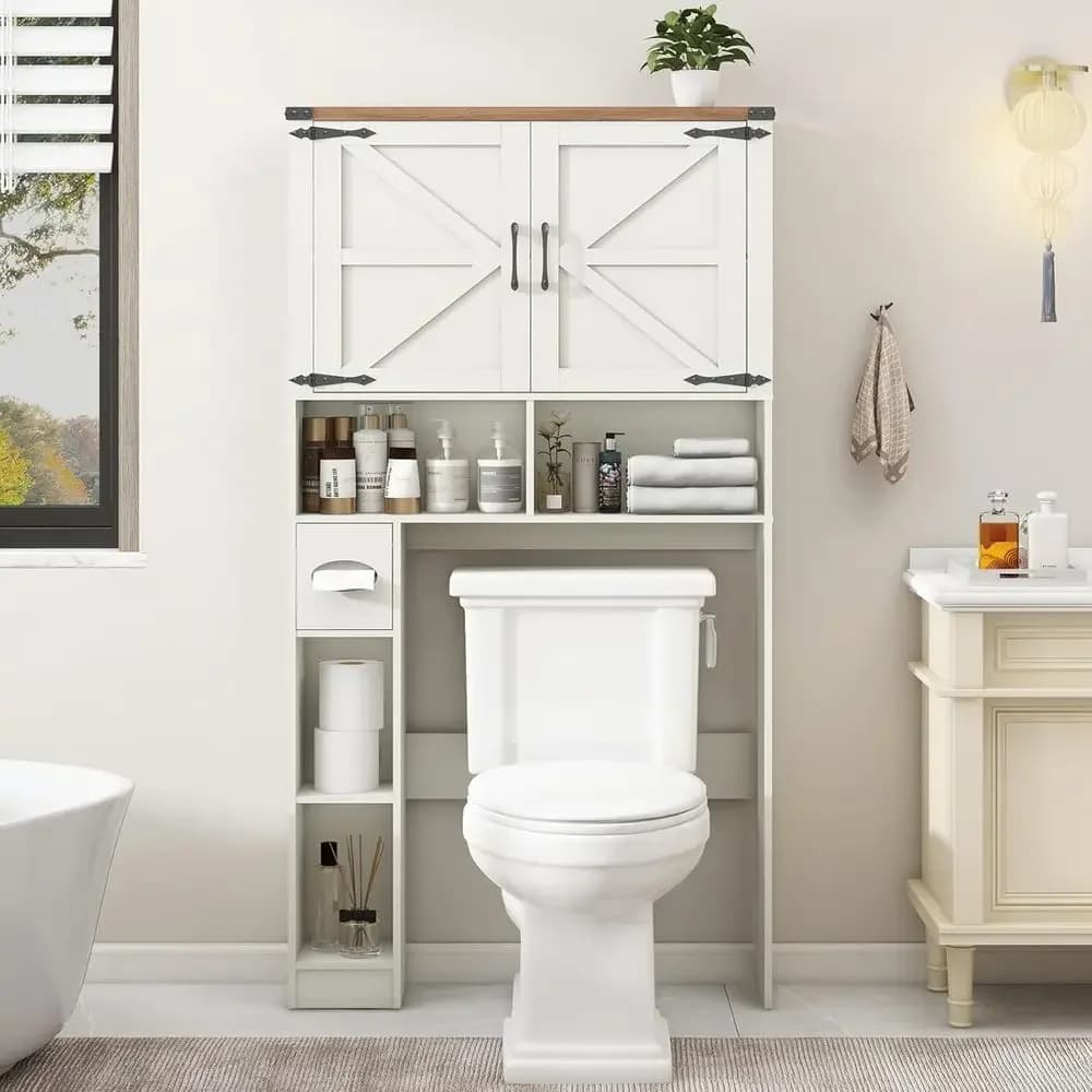 Mobiletto Salvaspazio Sopra il WC con Doppio Spazio di Archiviazione e Portarotolo per l'Organizzazione del Bagno