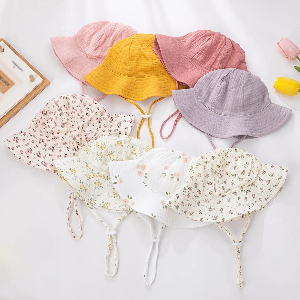 Children's bucket hats with floral print Adjustable solid hats for newborns Boys Girls Solar Protection Outdoor caps Beach fishing cap