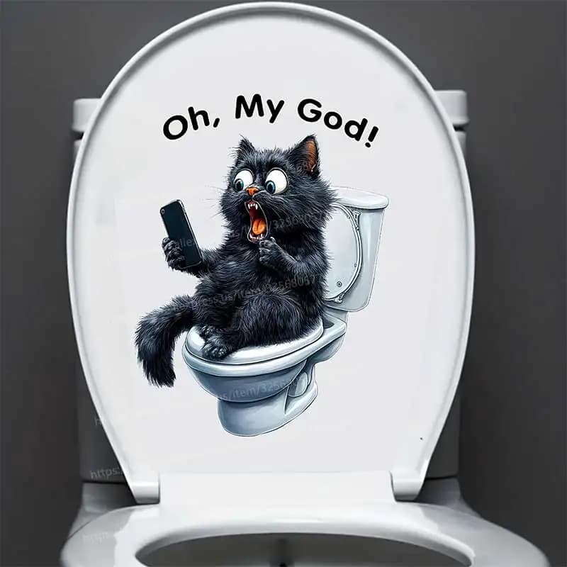 Divertente gatto nero seduto sull'inodoro Alla ricerca del telefono cellulare Adesivo da parete Bagno Toilette Decor Decalcomanie impermeabili S657
