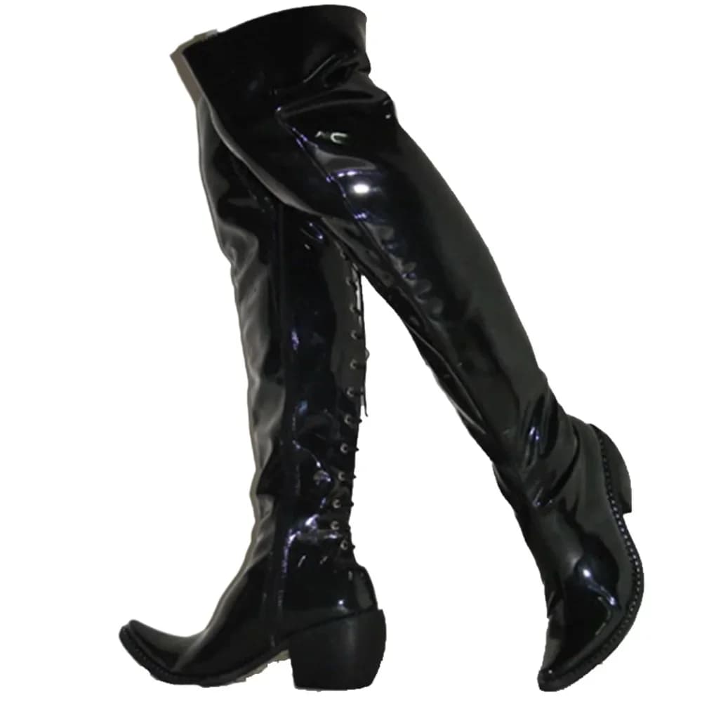 Stivali equestri punk sexy in pelle verniciata per uomo Scarpe da cowboy con plateau in tubo d'acciaio Stivali sopra il ginocchio con punta a punta Mostra festa