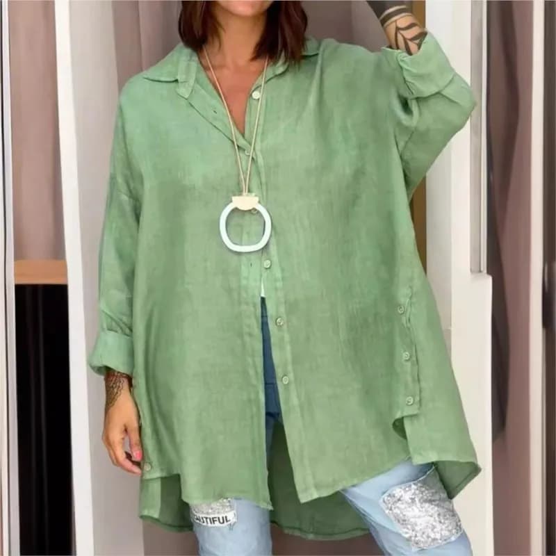 Camicia da donna a maniche lunghe Top larghi oversize Primavera Manica intera Risvolto Camicetta da donna Camicie lunghe tinta unita 2025 Nuovo