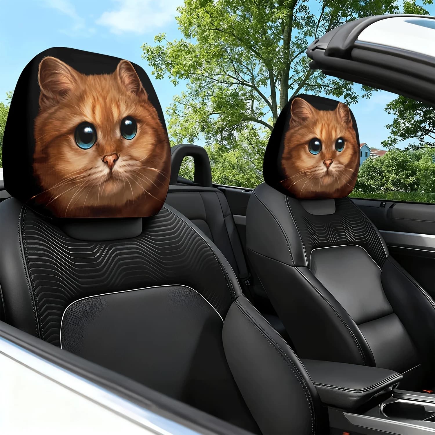 2 Pezzi Copricuscino per Poggiatesta Auto con Stampa Tema Momento Accogliente Occhi Blu Gatto Carino - Design Adorabile - Ca