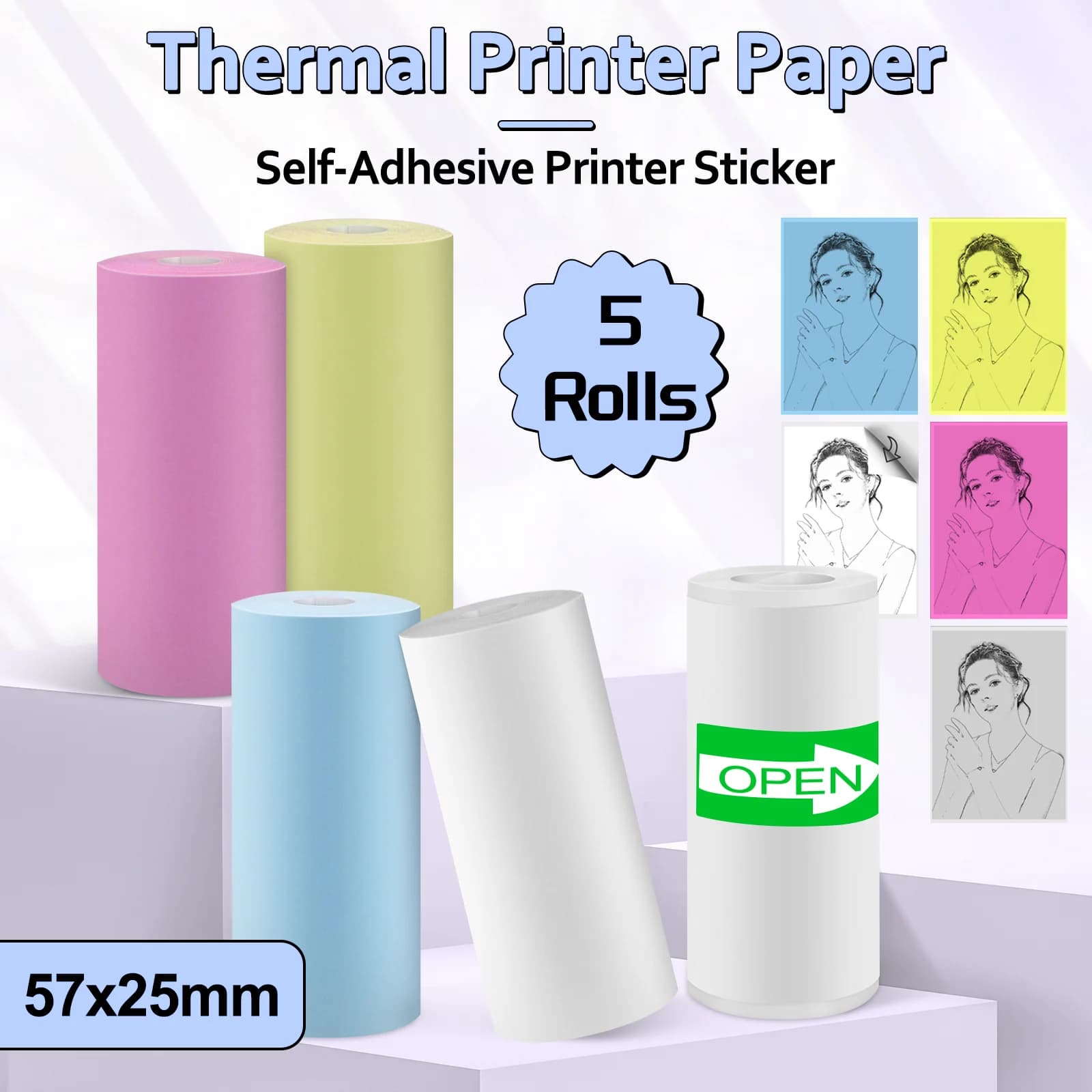5Rolls Thermal Printer Paper 57x25mm Universal MiNi Printing Self-adhesive Label Sticker For Mini Printer Paper Kids Camera