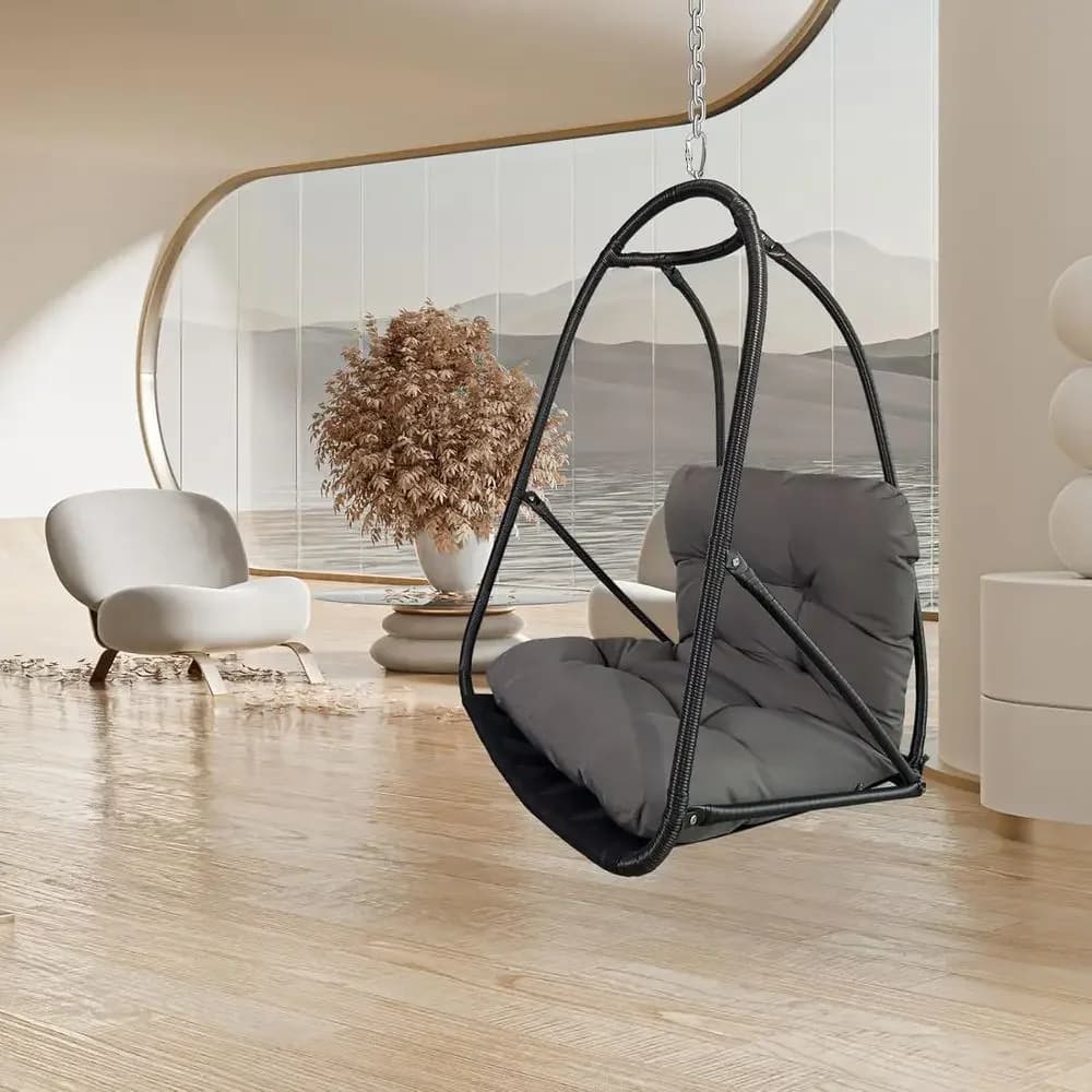 UV-Resistant Outdoor Swing Egg Chair with Waterproof Cushion and Cup Holder, Ideal for Patio, Bedroom, Balcony, or Garden, Black