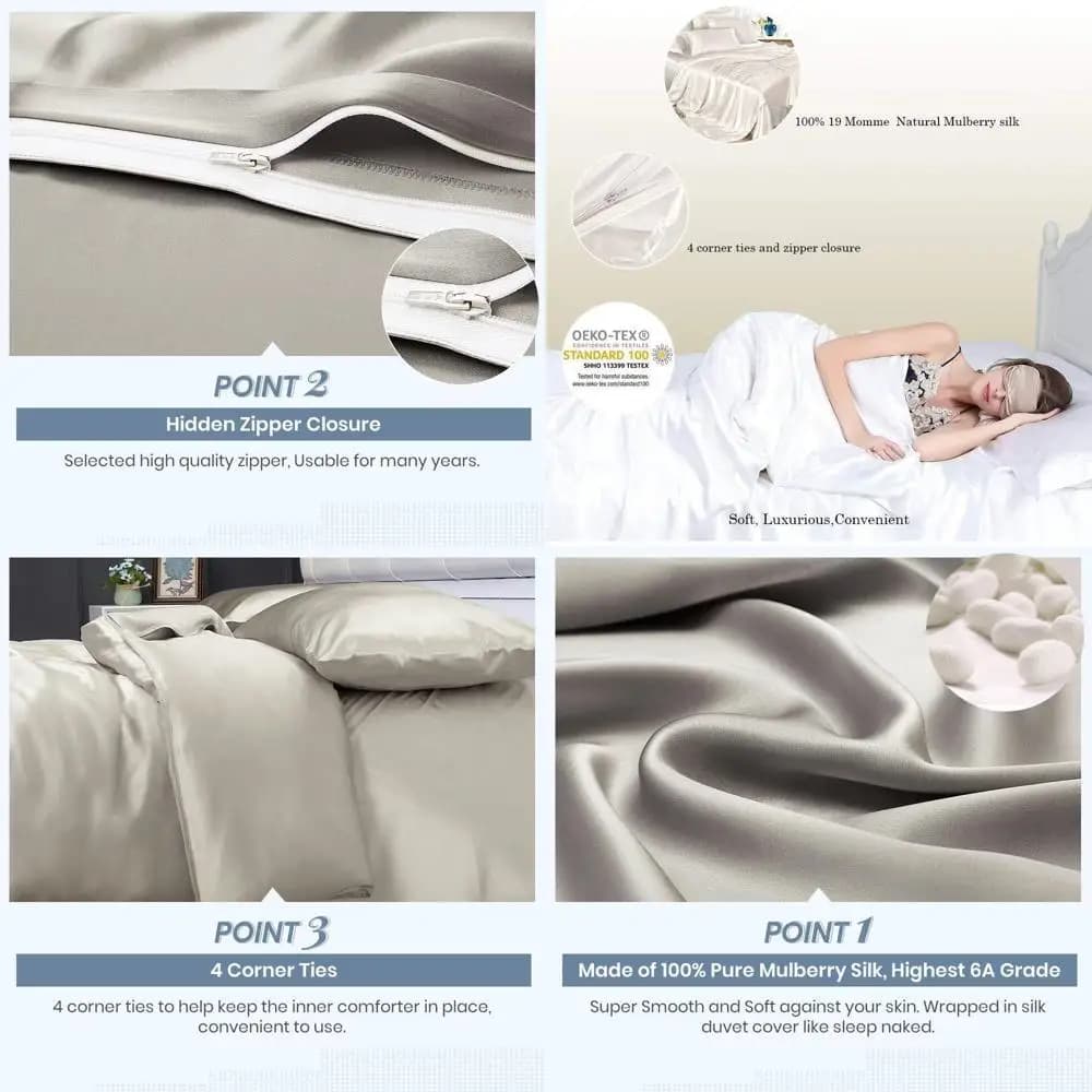 Luxurious 19 Momme Silk Duvet Cover - Breathable Mulberry Silk Comforter Cover In Silver Gray