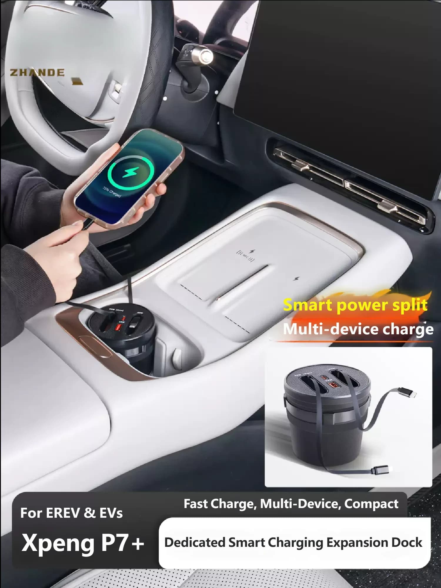 For XPENG P7+ 2025 2026 2027 TAJIAN Super Fast Charging Rack Expansion Dock Car Central Type-C Phone Docking Station Fits