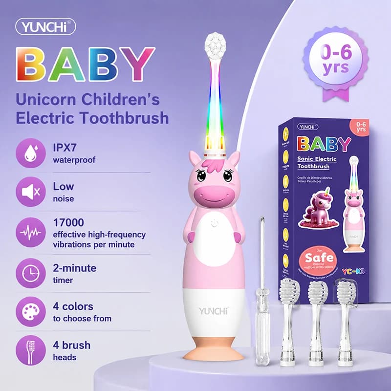 Yunchi K3 Children's Electric Toothbrush Colorful Light 2-Minute Timer with Low Noise 2 Modes of Waterproof Cleaning for Teeth