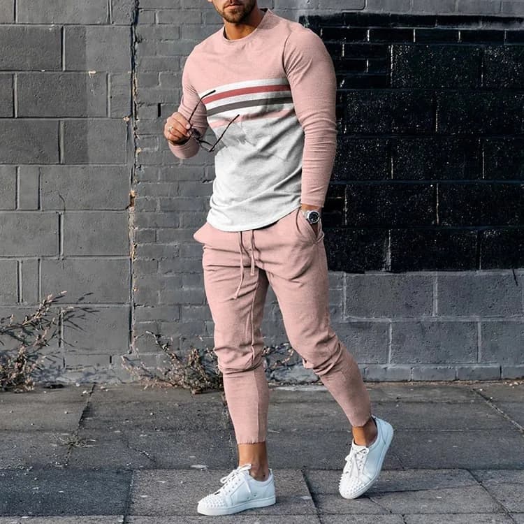 Fashion Simple Stripes 3D Print Men's Sportswear Set Long-Sleeved T Shirt Pants 2-Piece Set Oversized Pullover Men Clothing