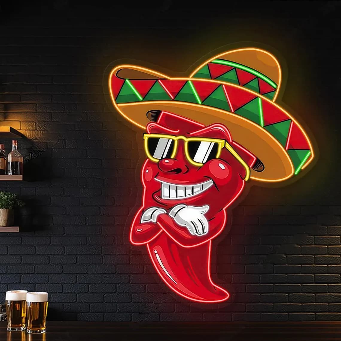 Insegna al neon Sombrero Chili Pepper, al neon Cool Chili Pepper, decorazione da parete mascotte peperoncino piccante, al neon Chili a colori, insegna al neon aziendale