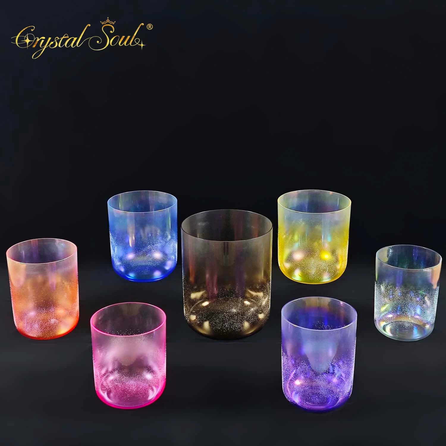 CrystalSoul 432Hz Textured Aurora Color 7 Chakras Crystal Singing Bowl Set for Yoga with accessories and Bag