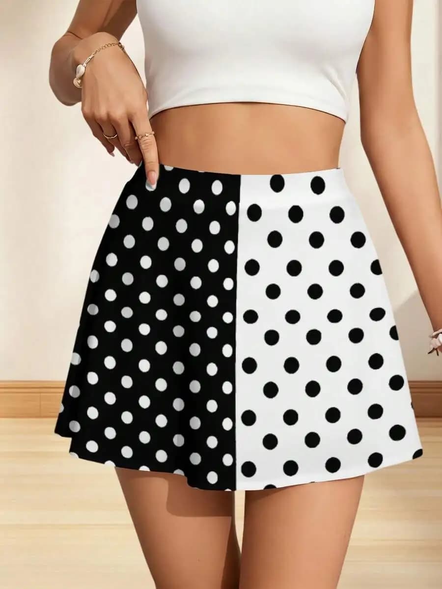 Black And White Polka Dot Color Block Mini Skirt For Women Summer Casual Sporty