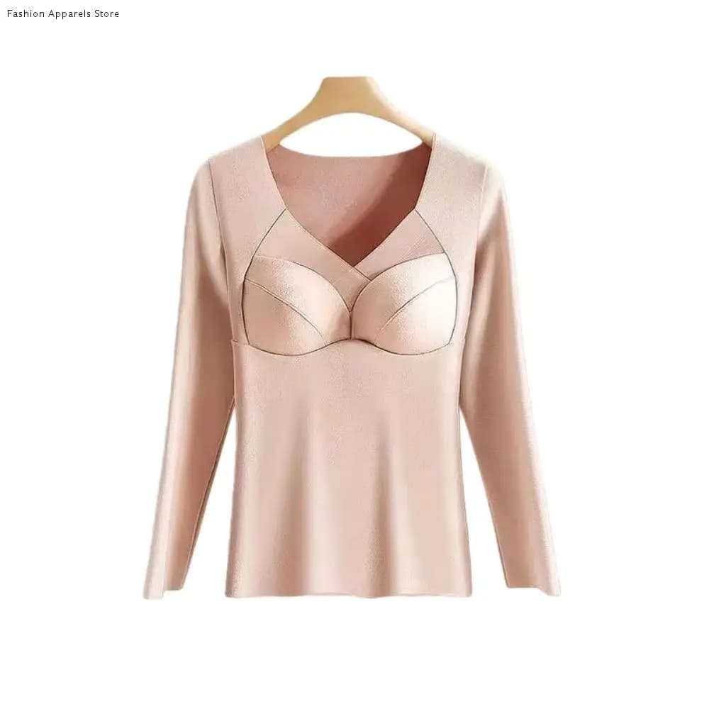 V Mesh Neck Women Thermal Clothes Solid Color Invisible Thermal Underwear Feel Heating Velvet Fleece Warmth Long Tops
