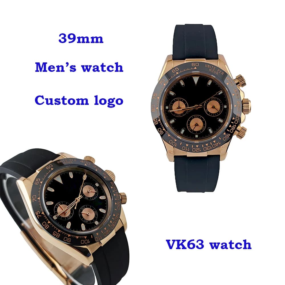 39mm VK63 Men's Rose Gold Watch Personalized Customized Logo Watch High Quality Stainless Steel Watch VK63 Movement Mod Watch