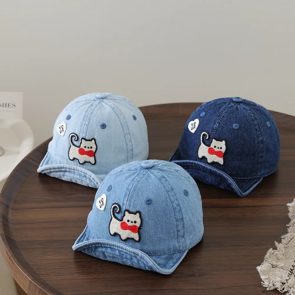 Children's washable denim soft-brimmed baseball cap with cat embroidery, duckbill style, cartoonish casual soft-top hat