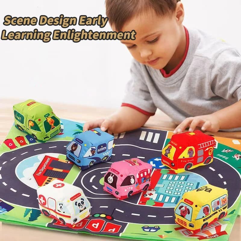 Soft Car Toy Set for Babies with Play Mat 9 Vehicles Early Education Parent-Child Interaction Sound & Paper Rattle Features