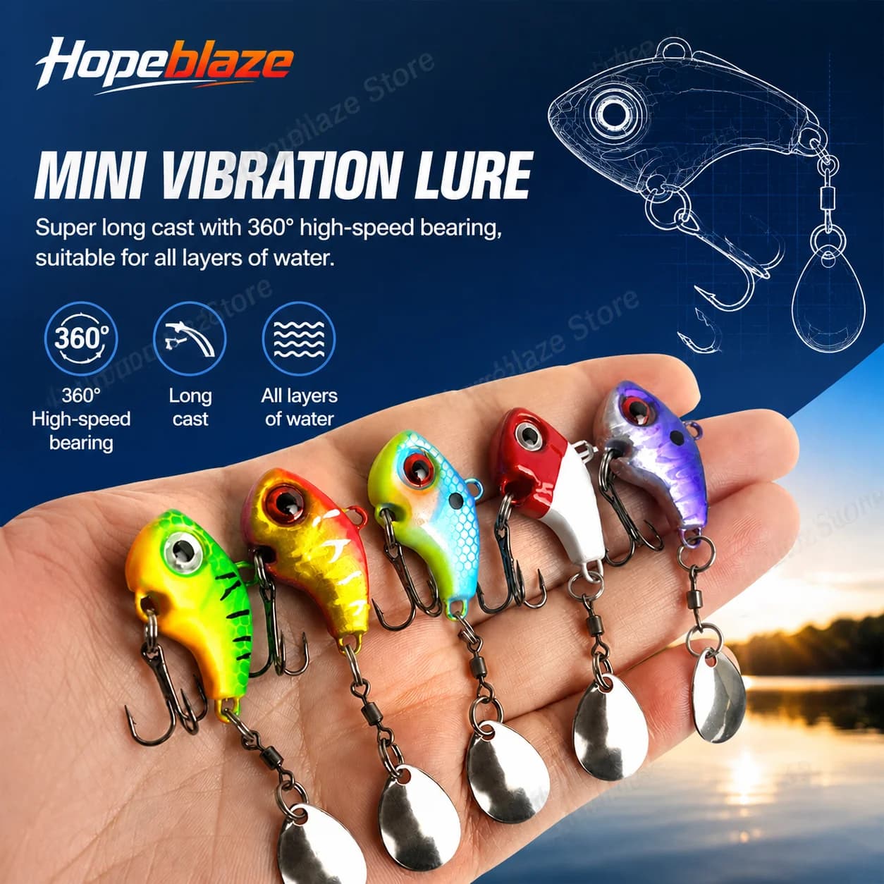 Hopeblaze Vibrating VIB Fishing Lure 360° Rotating Metal Spinner Blade, Anti-Corrosion, Suitable for Bass, Pike, Zander, Trout