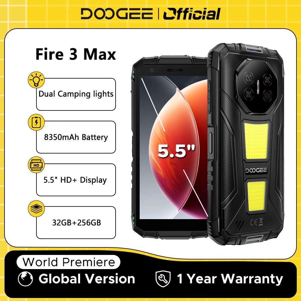 Versione globale DOOGEE Fire 3 Max Telefono robusto 32GB + 256GB 5.5 "HD + Display Luci da campeggio 8350mAh UNISOC T7250 48MP NFC Android15