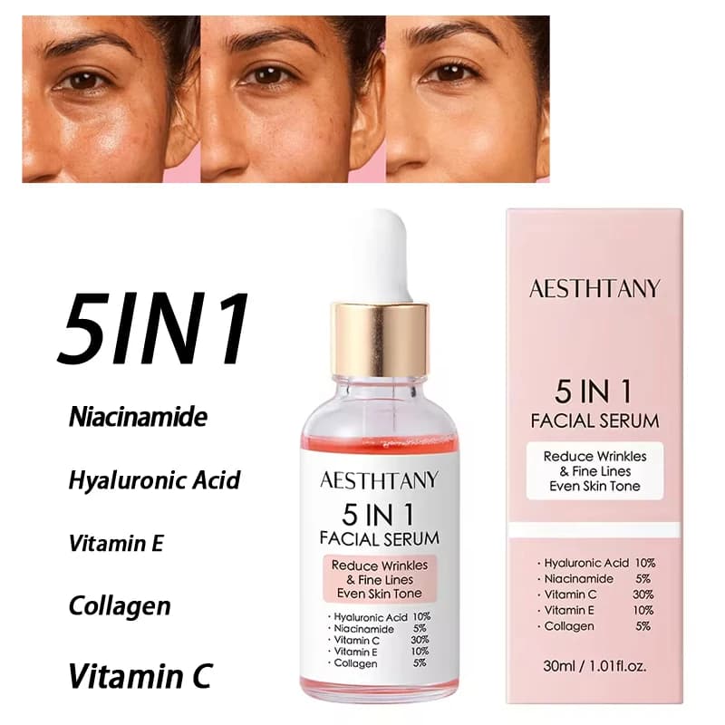 Siero Viso 5 in 1 Anti-Rughe Rassodante Hydratante Illuminante with Vitamin C and Hyaluronic Acid, Reduces Pores, Skin Care