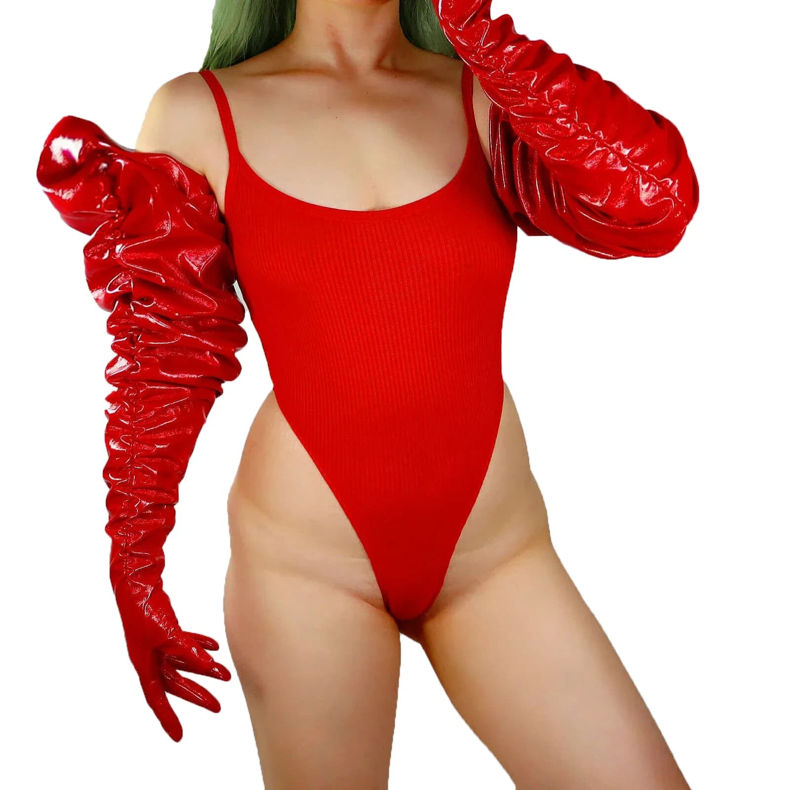 Guanti Lunghi DooWay in LATEX Rosso Lucido con Maniche a Sbuffo da 100 CM, in Finta Pelle, per Cosplay, Costume da Sera, Halloween
