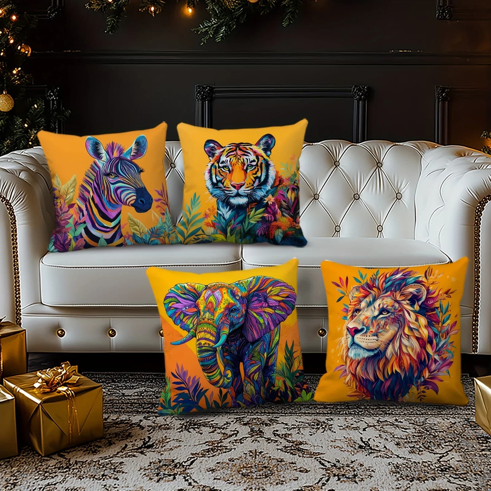 Large Set of 4 Printed Throw Pillow Covers Jungle Safari Animal Print Cushions Decor Wildlife Home Accents Living Room Sofa Pill