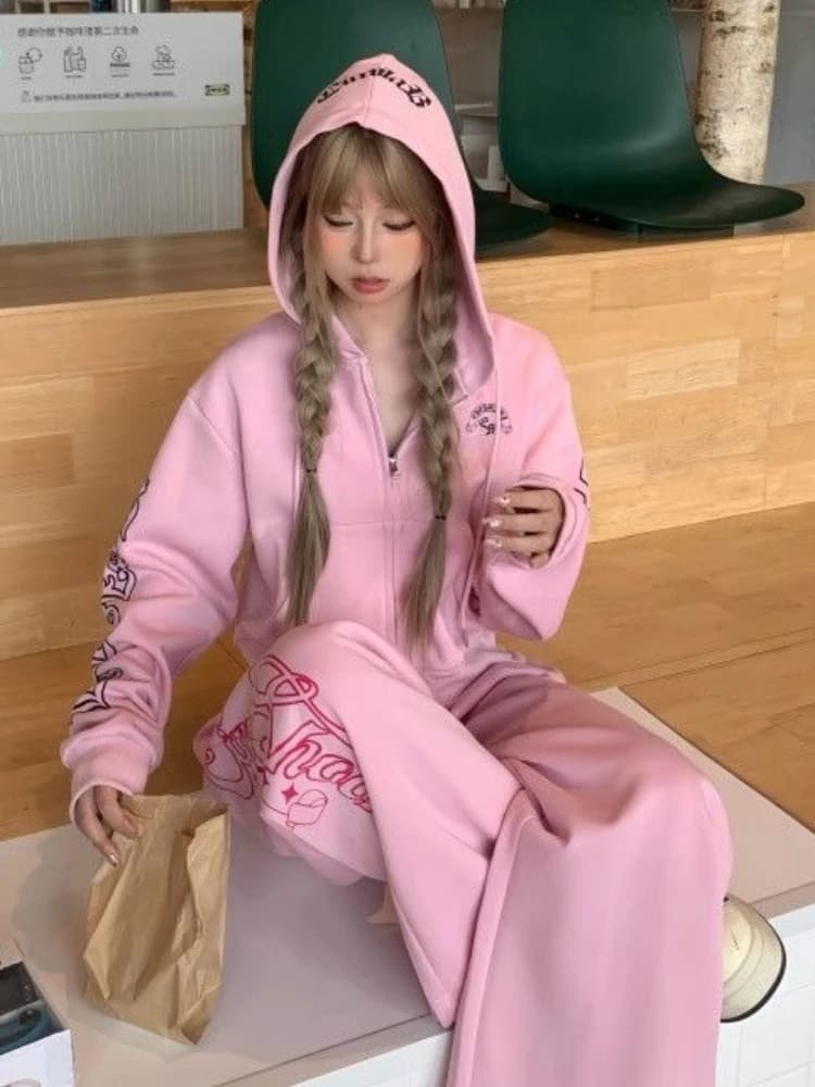 Y2K American Casual 2-piece Set Women Pink Zip Up Hoodie Graphic Print Oversized Loose Wide Leg Pants Streetwear Casual Outfi