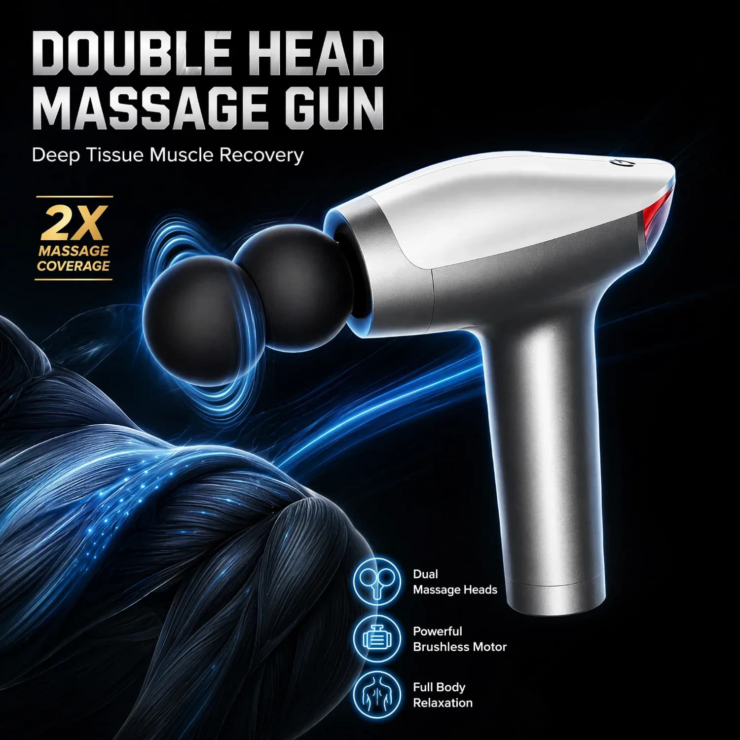 Double Head Massage Gun Deep Tissue Muscle Recovery Massager Quiet Brushless Motor Percussion Gun Full Body Sports Relaxation