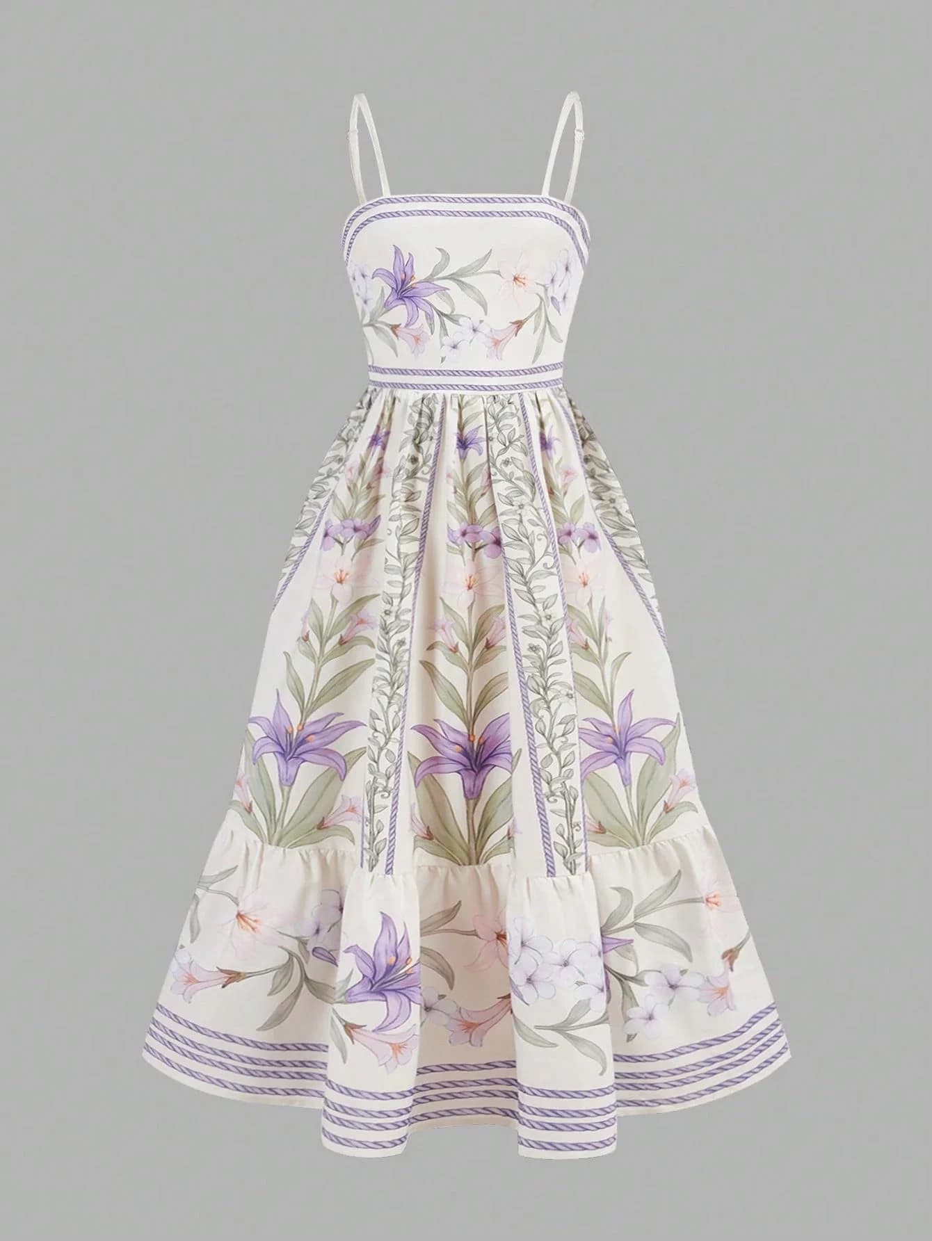 Elegant Spaghetti Strap A-Line Floral Print Dress For Women Summer Sundress Garden Party