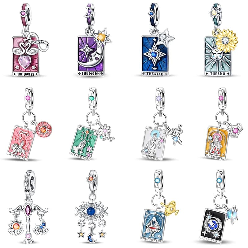 925 Sterling Silver Star Moon Sun Coppia Carte dei tarocchi magici Pendenti adatti Qikaola 925 Braccialetti originali Regalo di gioielli di compleanno fai da te