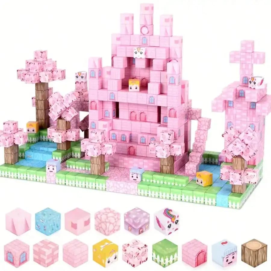 64/100/128/160pcs Magnetic Building Tiles - Fairy Tale Pink Castle, Fantasy Castle Magnetic Building Blocks Set, STEM Educational Learning Toys, Creative Magnetic Tiles Toys, STEM Sensory Cube.