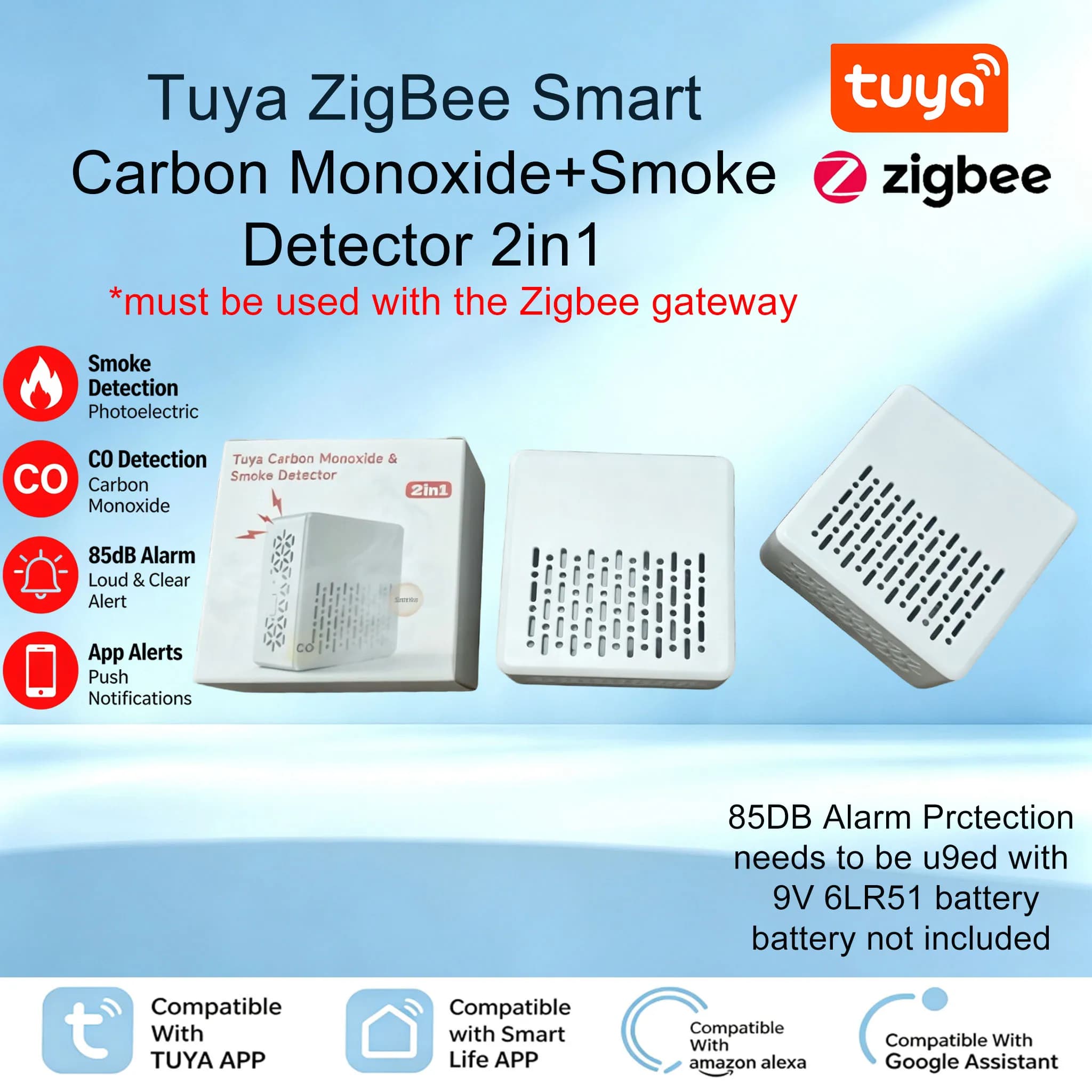 Smart ZigBee Smoke CO Detector 2‑in‑1 Fire Alarm Sensor Tuya Smart Life APP Remote Alert Home Security Safety Detector