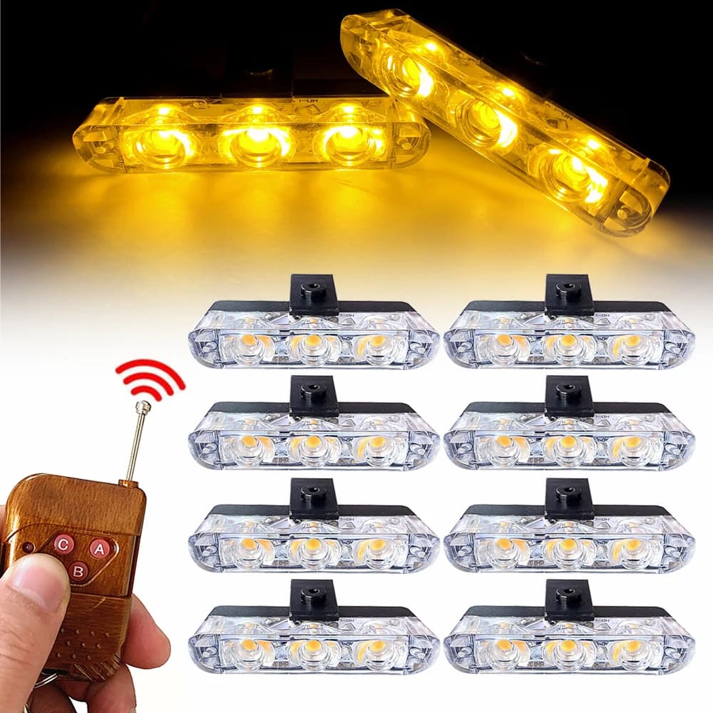 3LED 8 moduli Griglia per auto Flash Light Telecomando senza fili Polizia Luci stroboscopiche di emergenza Faro Lampada di segnalazione di avvertimento pompiere