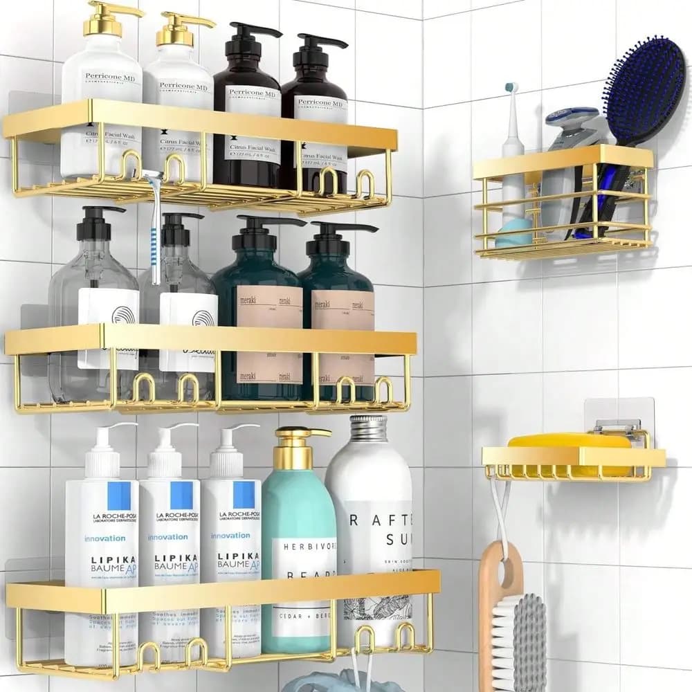 Set di 5 mensole da doccia, 3 scaffali con porta sapone e porta spazzolino, organizer adesivo per riporre oggetti nella doccia, senza foratura