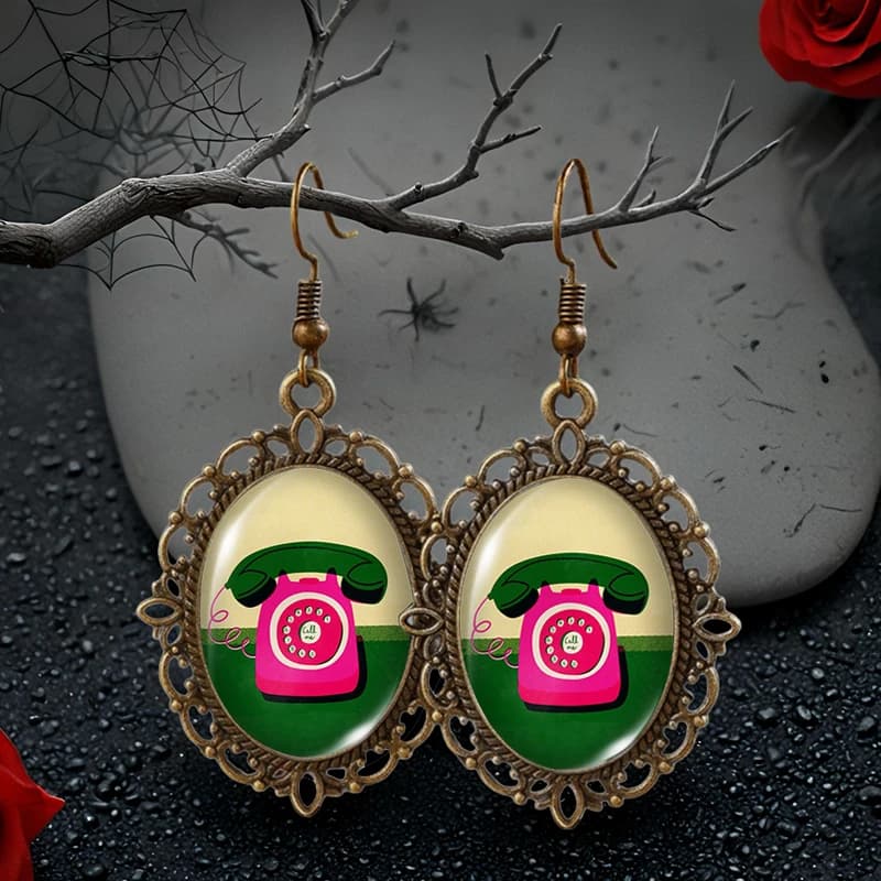Vintage Old Telephone Picture Oval Glass Cabochon Flower Shaped Fish Hook Earrings Handmade Gifts