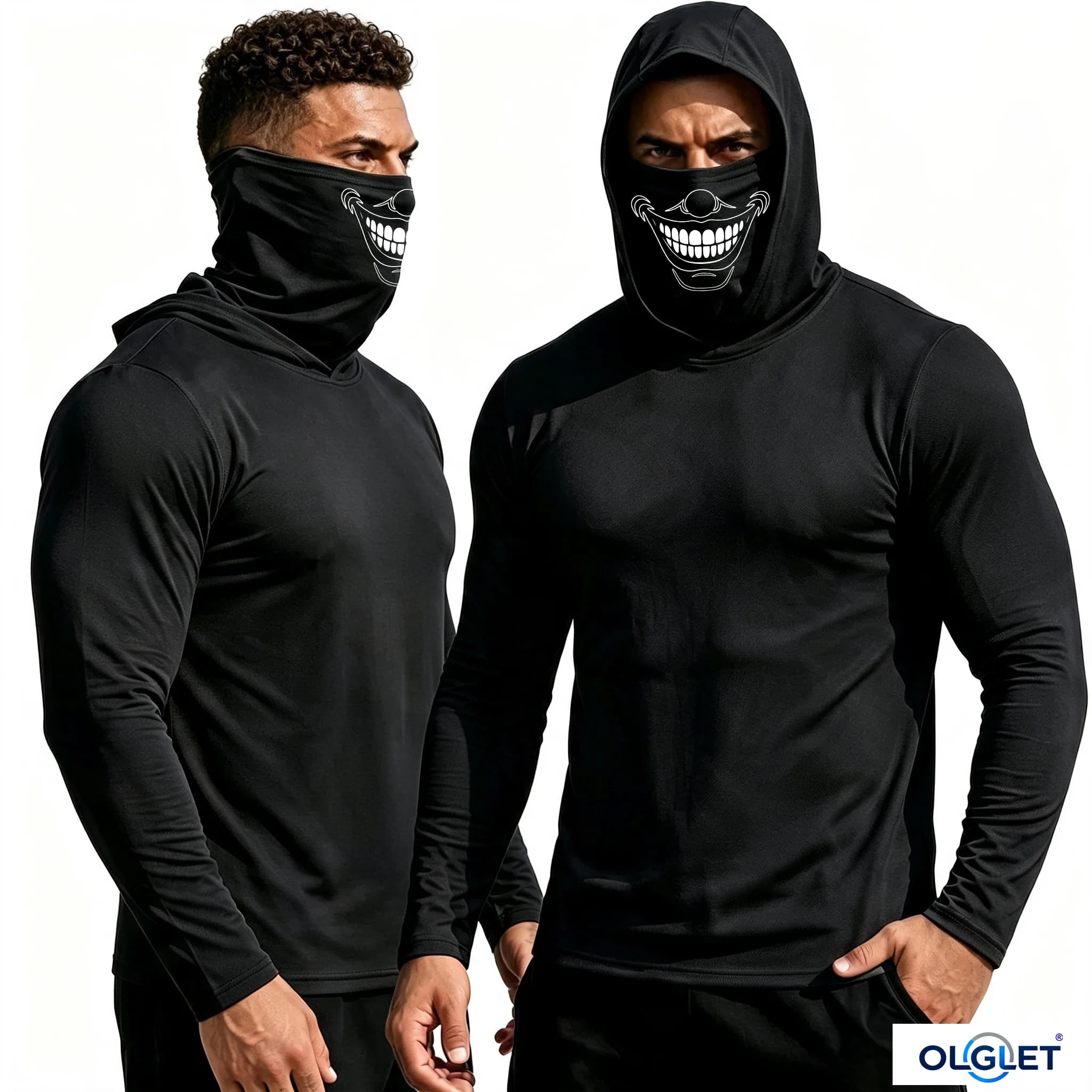 Men Integrated Hood Balaclava Long Sleeve Shirt, Scary Grinning Face Print High Stretch Quick Dry Hoodie, Halloween Cosplay Stre