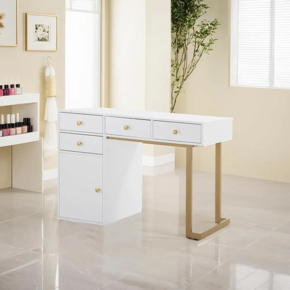 Tavolo per manicure di bellezza con cassetti portaoggetti, scrivania per salone di bellezza per nail tech, stazione per trucco con manici rotondi