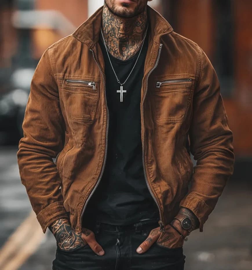 Retro Style 2026 Autumn and Winter New Men's Pocket Corduroy Long Sleeve Striped Lapel Jacket Jacket
