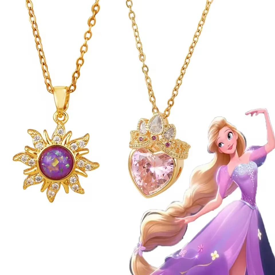 Necklace with sun crown pendant with long princess hair for women and girls, glossy golden necklace, lover's daughter's Christmas gift