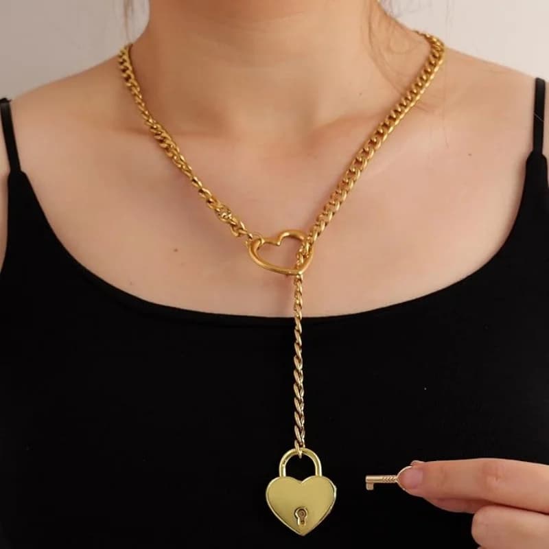Collana a catena a forma di cuore per donna O-Ring Punk grosso lucchetto a cuore con ciondolo chiave Y-Lariat collana lunga cubana gioielli regali