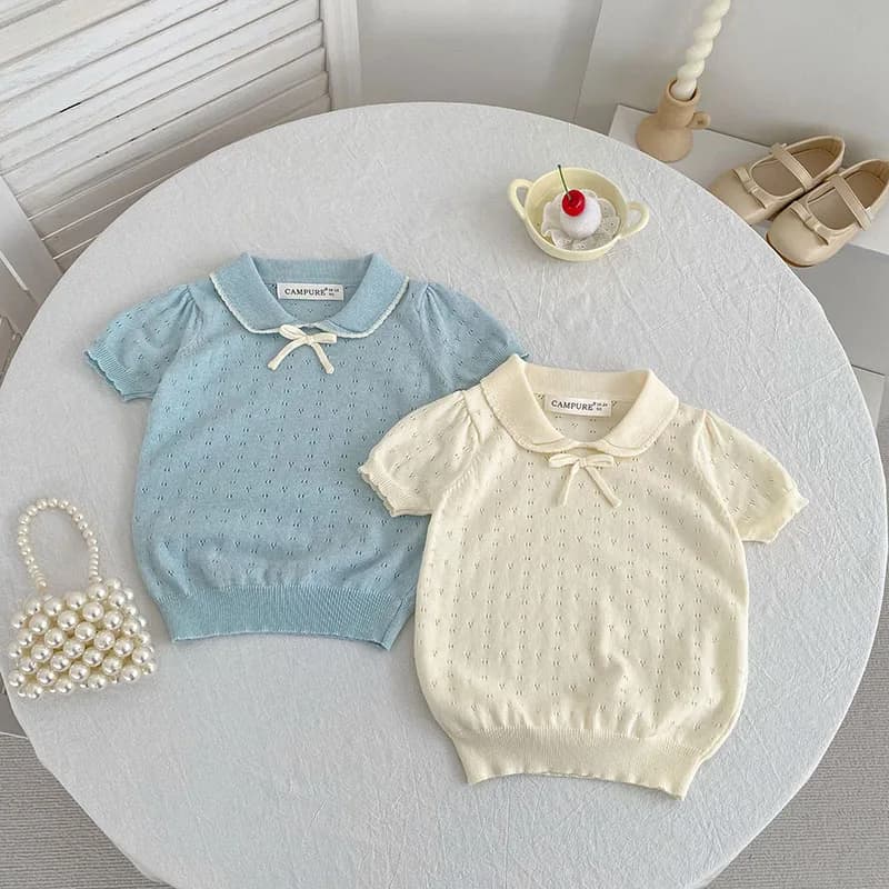 T-shirt per bambini 18M-7Y, Nuova Collezione Estate 2026, Maglietta in maglia traforata ventilata con fiocco carino per bambine