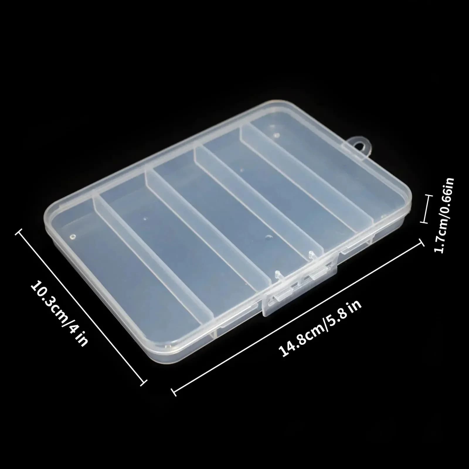Storage box for transparent plastic fishing equipment with 5 grills. Jewelry box. Container storage box