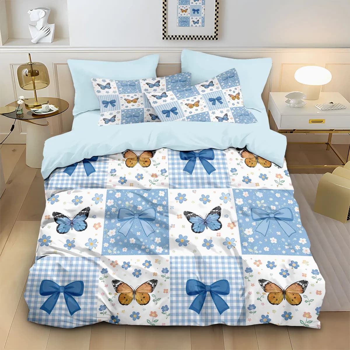 Set Copripiumino Senza Imbottitura a Quadri Blu con Fiocco, 3 Pezzi, Decorazione per Camera da Letto, Lavabile in Lavatrice, Disponibile in Diverse Misure