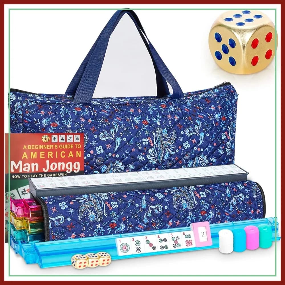 Set di Mahjong Americano Premium con 166 Tessere Bianche, Dadi in Metallo, 4 Supporti con Spintori, Gioco Ma Jong