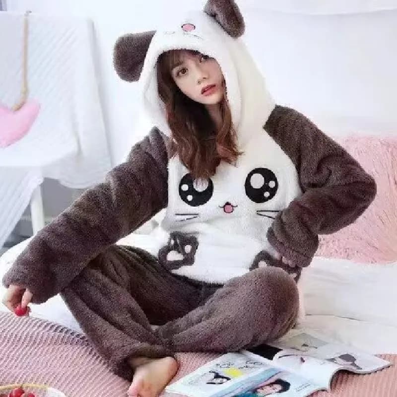 2024 Nuovo Coral Fleece Caldo Pigiama Delle Donne Ispessimento Con Cappuccio Manica Lunga Delle Donne 2 Pezzi Outfit Set Carino Stampa Donne Vestiti A Casa