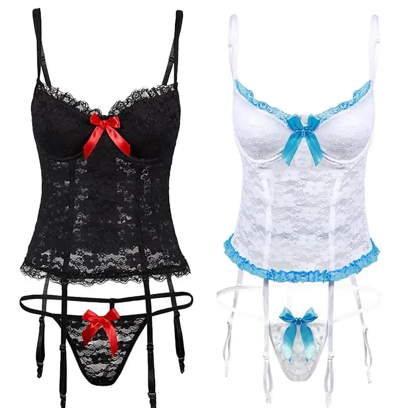 Women Sexy Lingerie Set Babydoll Lace Sleepwear Underwear and G-string with Garter Belts
