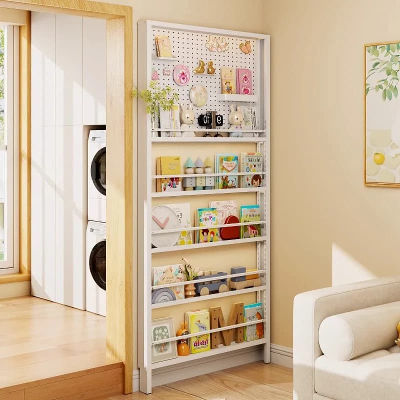 Slim Door Mount Bookcase Steel Narrow Floor Shelf with Pegboard Wall Behind Door Storage Unit for Books Toys and Drawings