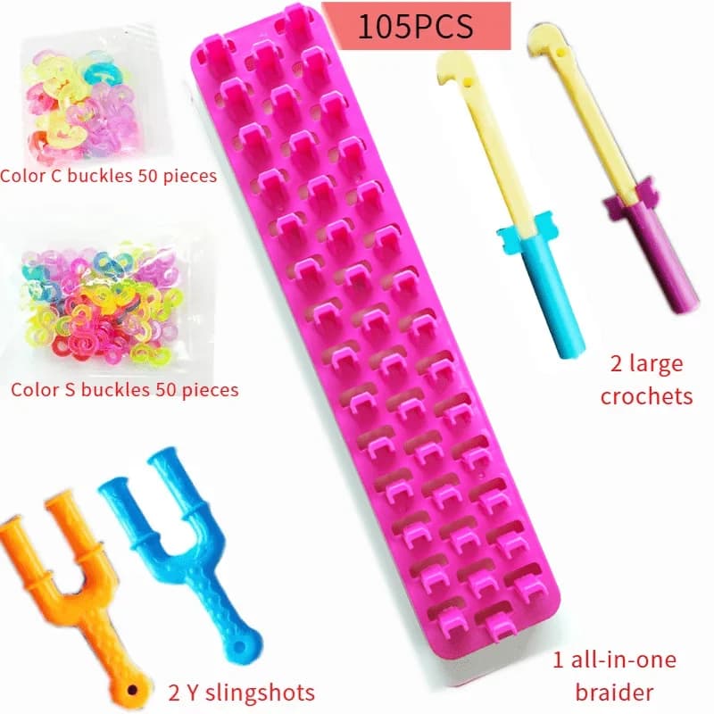 Kit per la creazione di braccialetti arcobaleno, include 1 macchina per tessitura integrata, 2 grandi uncinetti, 2 grandi uncinetti a Y, 1 confezione da 50 fermagli a S colorati, 1 confezione da 50 fermagli a C colorati, non include elastici, strumenti per la creazione di braccialetti dell'amicizia, adatto per lavori fai da te, strumenti e accessori per kit di creazione di gioielli.