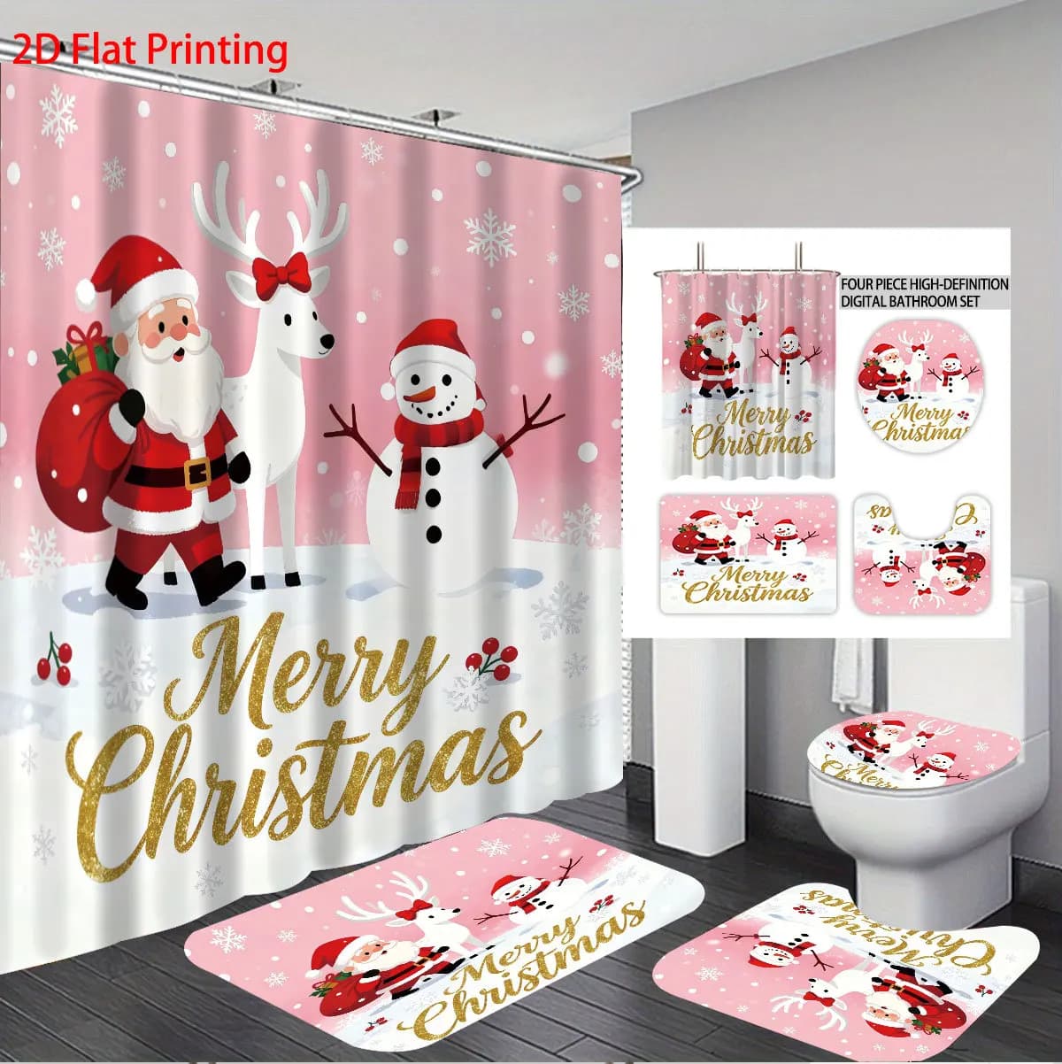 Christmas Shower Curtain Set, Waterproof Bath Curtain with 12 Hooks, Floor Mat Toilet Cover Bathroom Home Decor